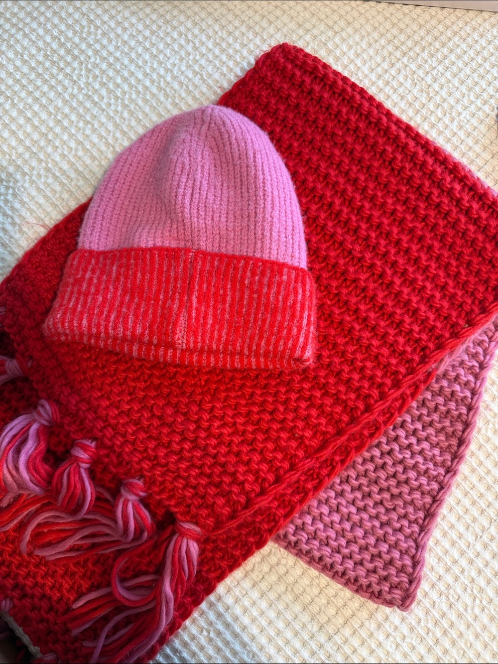 Free People Pink and Red Knit Beanie & Scarf Set